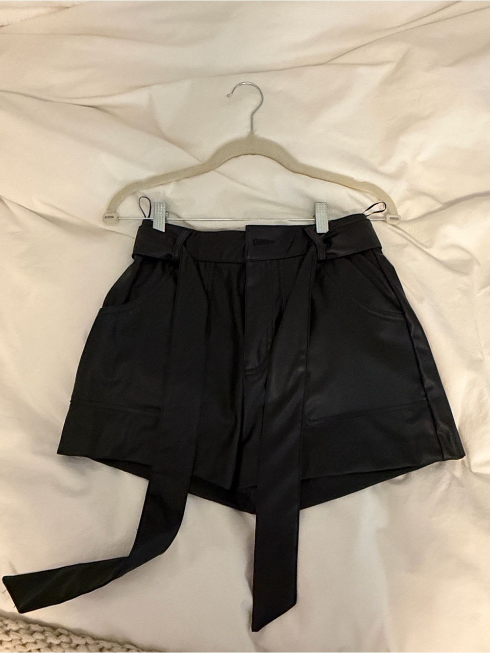 Zara Black High-Waist Faux Leather Tie-Belt Shorts